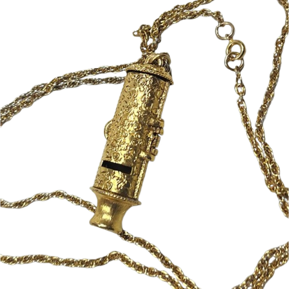 Rare Vtg 1970s  Max Factor Solid Perfume Gold Tone Whistle Pendant Necklace - Picture 2 of 6